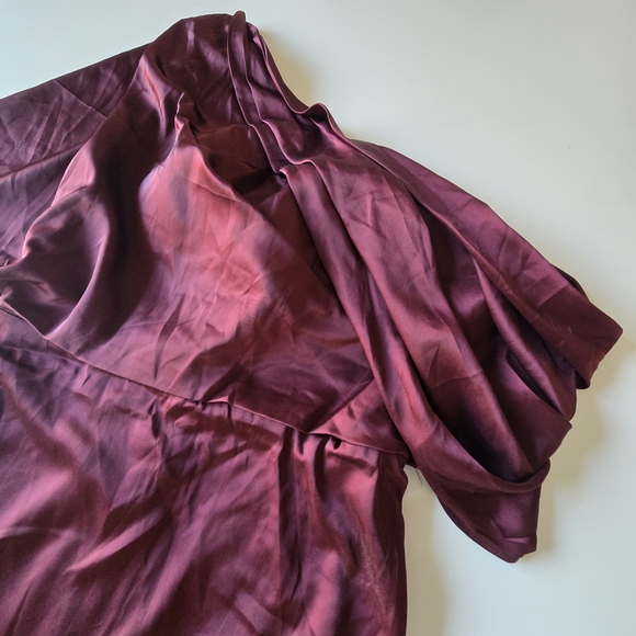 Wear Your Love Burgundy Satin Style Asymmetrical Sleeve Midi Dress Formal - Picture 6 of 15